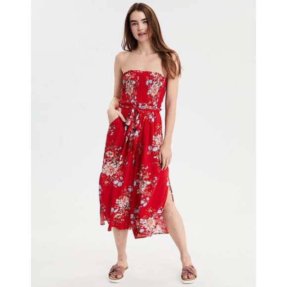 Women's American Eagle AE Jumpsuit M Red Floral Strapless Wide Split Leg Romper - Picture 1 of 8